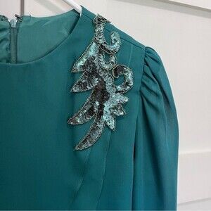 Patra Petites 80s vintage formal cocktail dress hunter green beaded shoulder pad